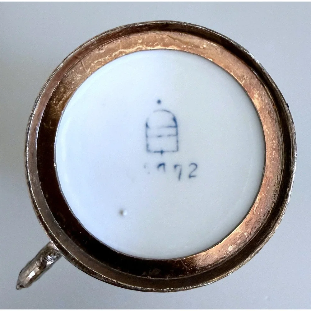 Antique Vienna‑Style Porcelain Cup w/ Ornate Silverplate Holder & Saucer